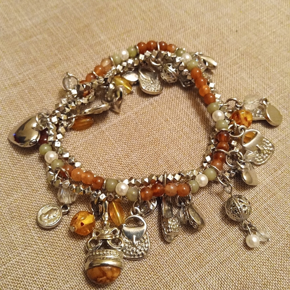 Triple Strand Stretch Silver Tone Stretch 20+ Dangle Charm Bracelet